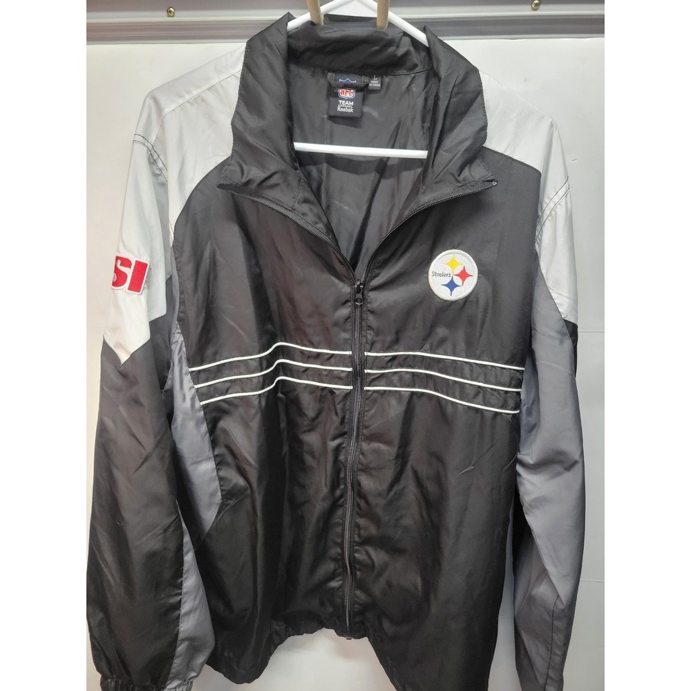 NFL‎ Pittsburgh Steelers Reebok Jacket Mens L Windbreaker Full Zip Black Gray